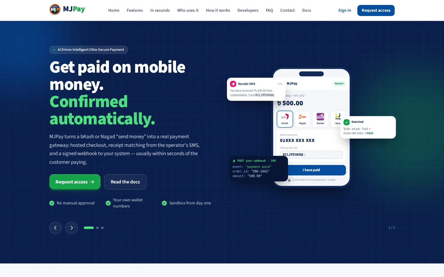MJPay home page: get paid on mobile money, confirmed automatically